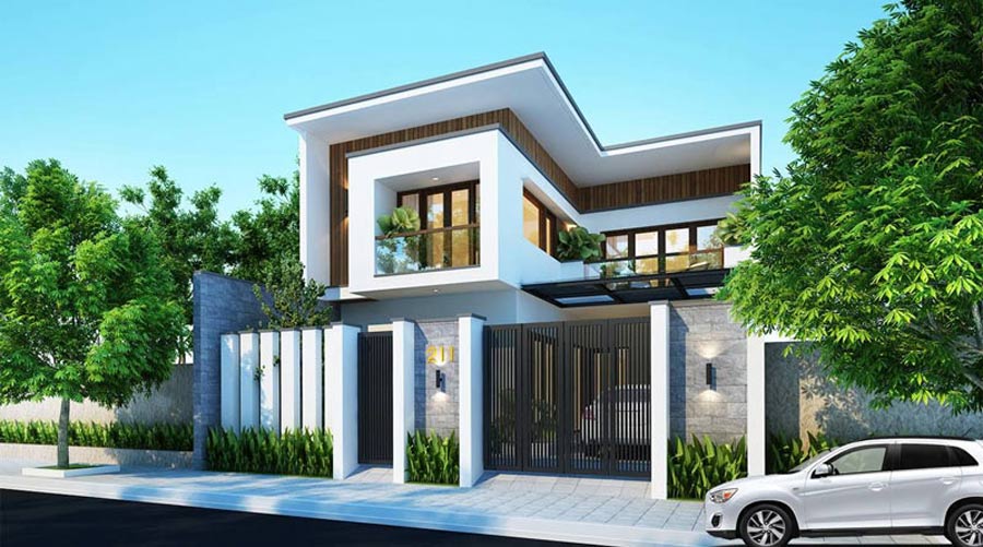 Mẫu thiết kế mặt tiền nhà 2 tầng đẹp mái bằng