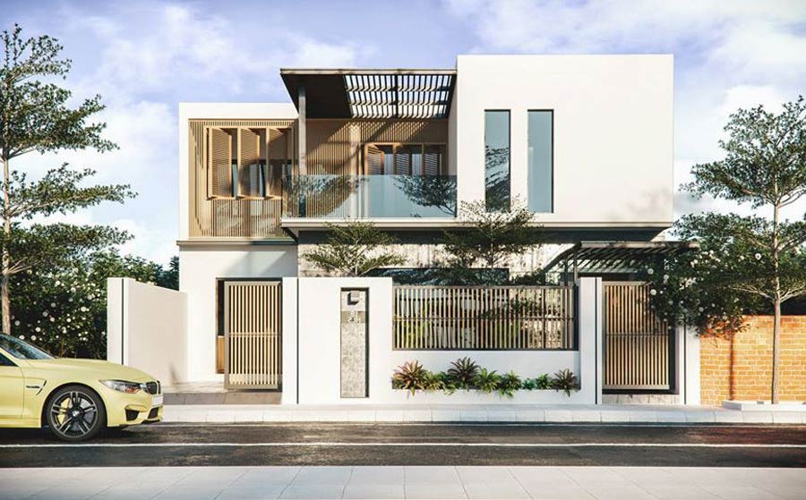 Mẫu thiết kế mặt tiền nhà 2 tầng đẹp mái bằng