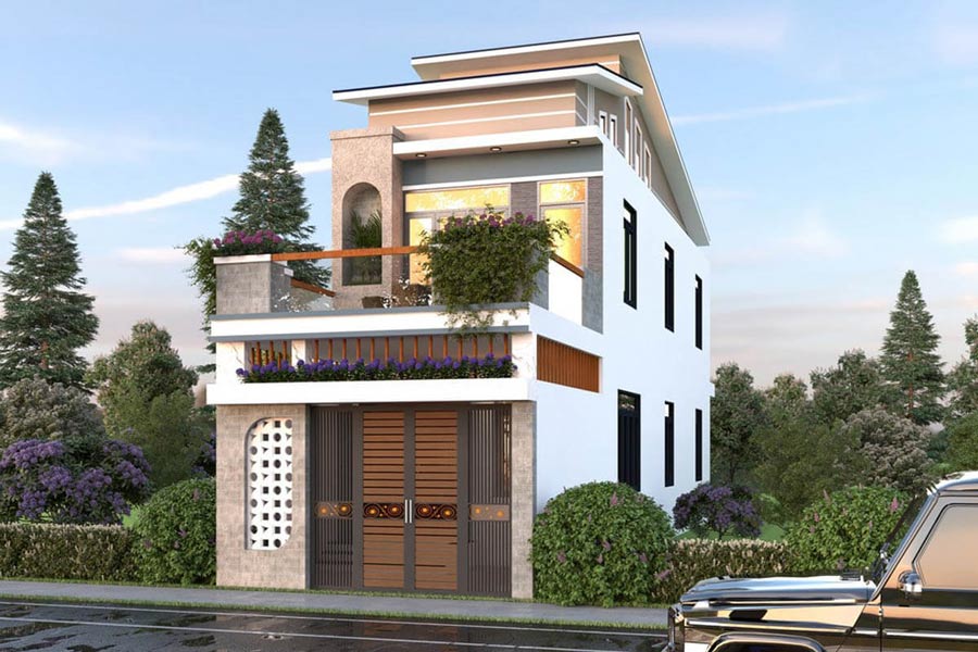 Mẫu thiết kế mặt tiền nhà 2 tầng đẹp mái lệch