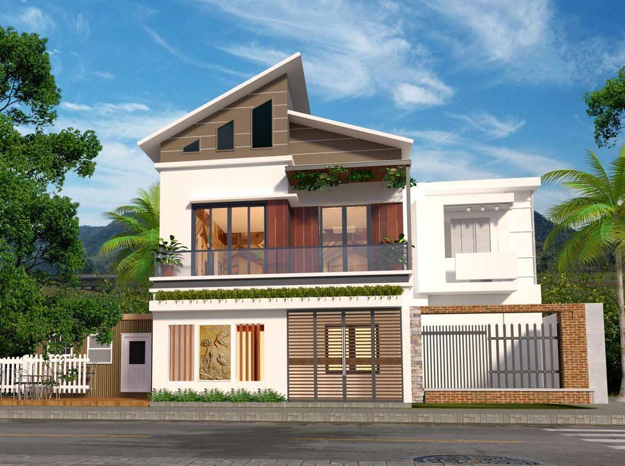 Mẫu thiết kế mặt tiền nhà 2 tầng đẹp mái lệch