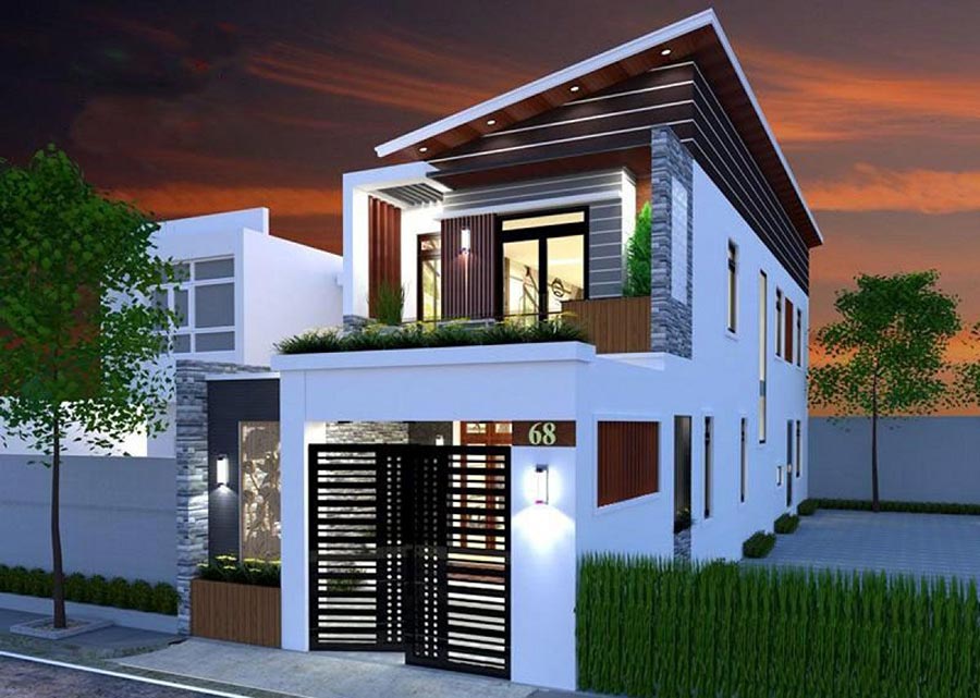 Mẫu thiết kế mặt tiền nhà 2 tầng đẹp mái lệch