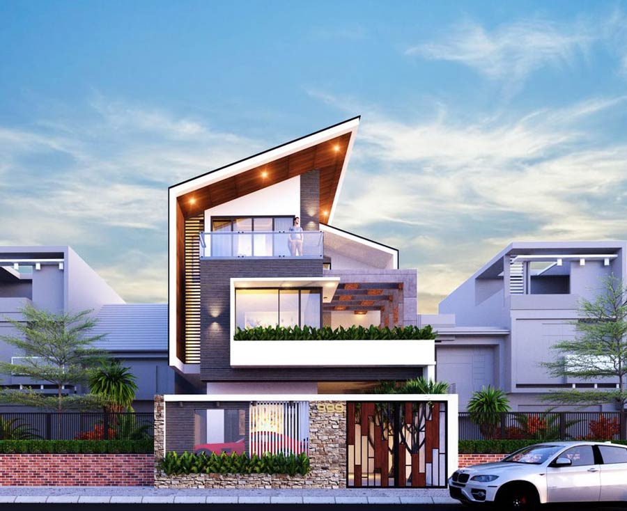Mẫu thiết kế mặt tiền nhà 2 tầng đẹp mái lệch