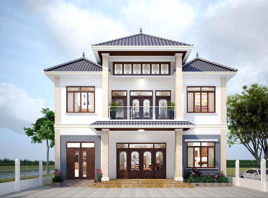 Mẫu thiết kế mặt tiền nhà 2 tầng ở nông thôn