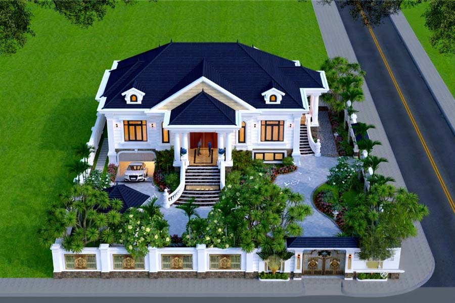 Mẫu biệt thự 1 tầng phong cách tân cổ điển có tầng hầm