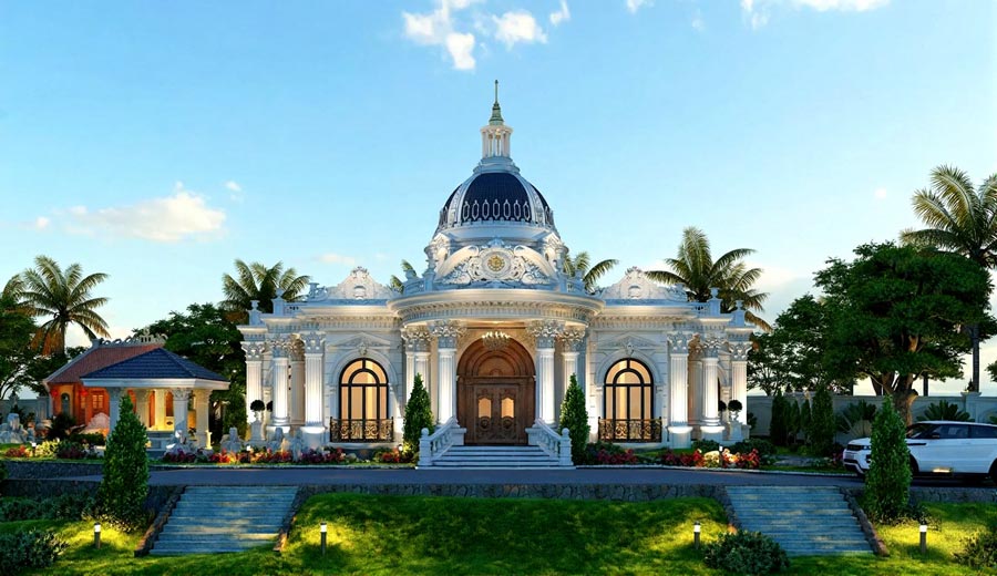 Mẫu thiết kế biệt thự 1 tầng tân cổ điển mái vòm