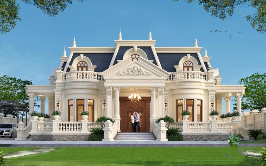 Xu hướng biệt thự tân cổ điển 1 tầng sử dụng gam màu trung tính, trang nhã