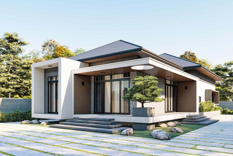 Thiết kế nhà 1 tầng 4 phòng ngủ phong cách hiện đại