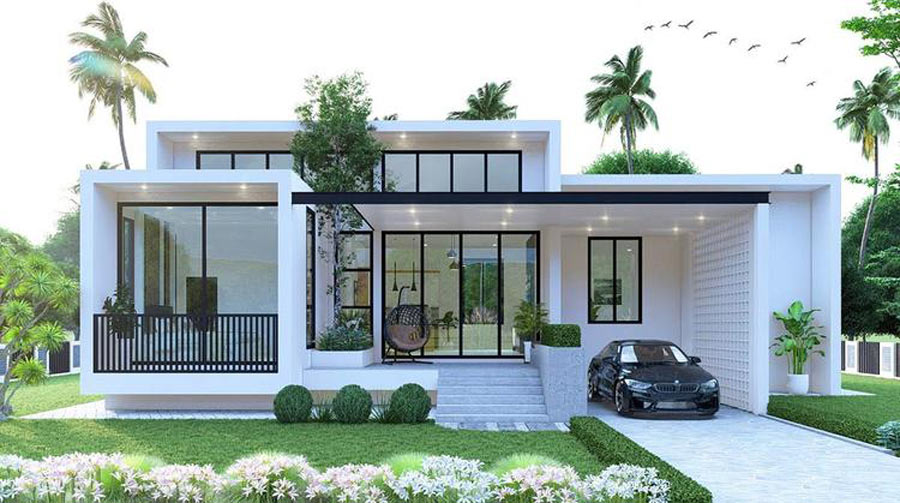 Thiết kế nhà 1 tầng 4 phòng ngủ phong cách hiện đại