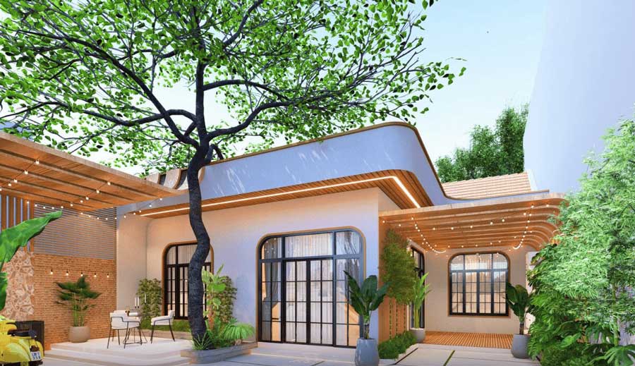 Thiết kế nhà 1 tầng 4 phòng ngủ phong cách hiện đại