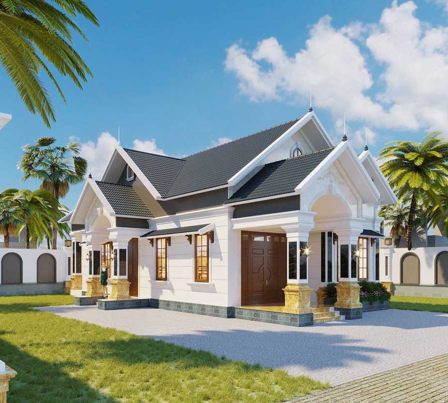 Thiết kế nhà 1 tầng 4 phòng ngủ phong cách tân cổ điển