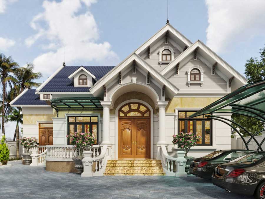 Thiết kế nhà 1 tầng 4 phòng ngủ phong cách tân cổ điển