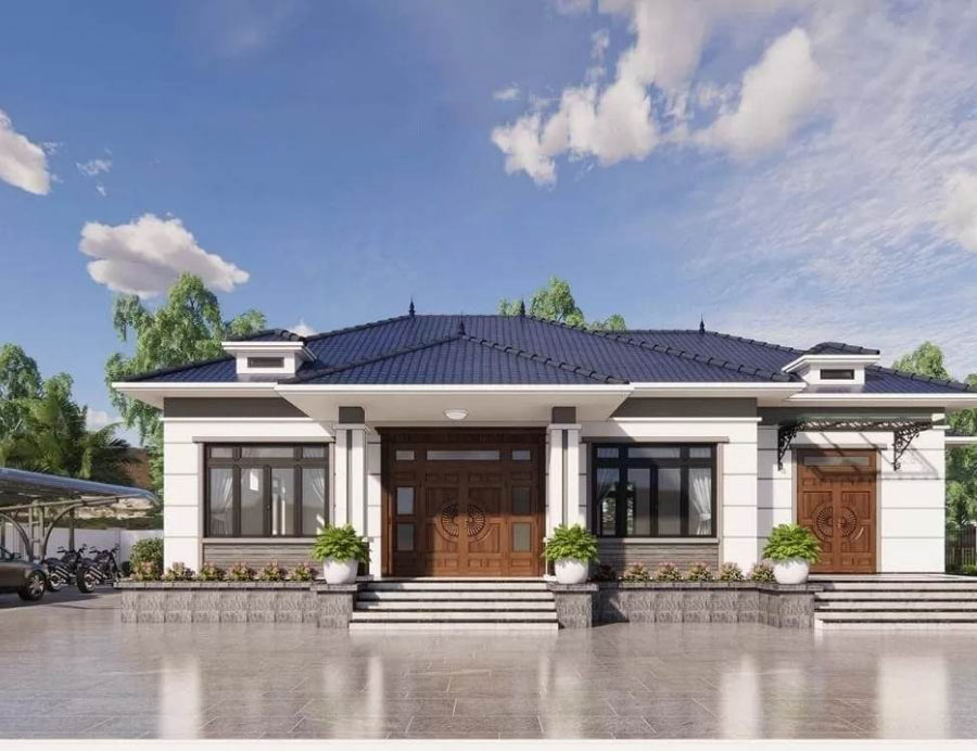 Thiết kế nhà 1 tầng 4 phòng ngủ phong cách tân cổ điển