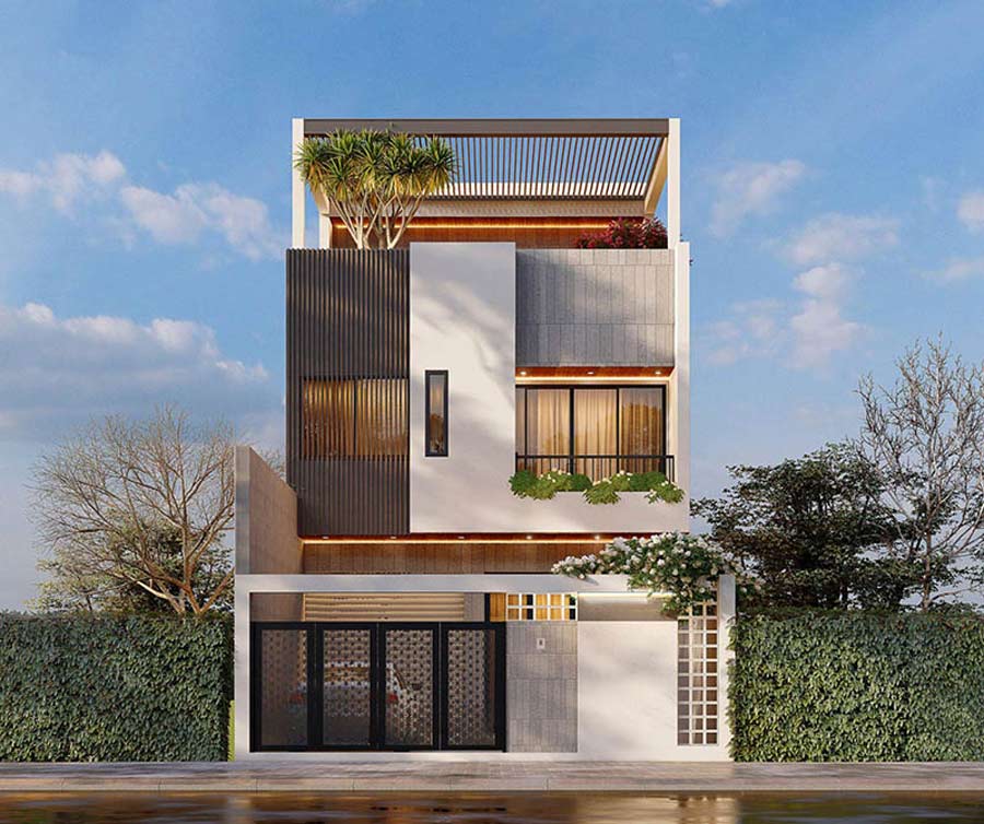 Nhà 3 tầng đẹp ở nông thôn có sân thượng
