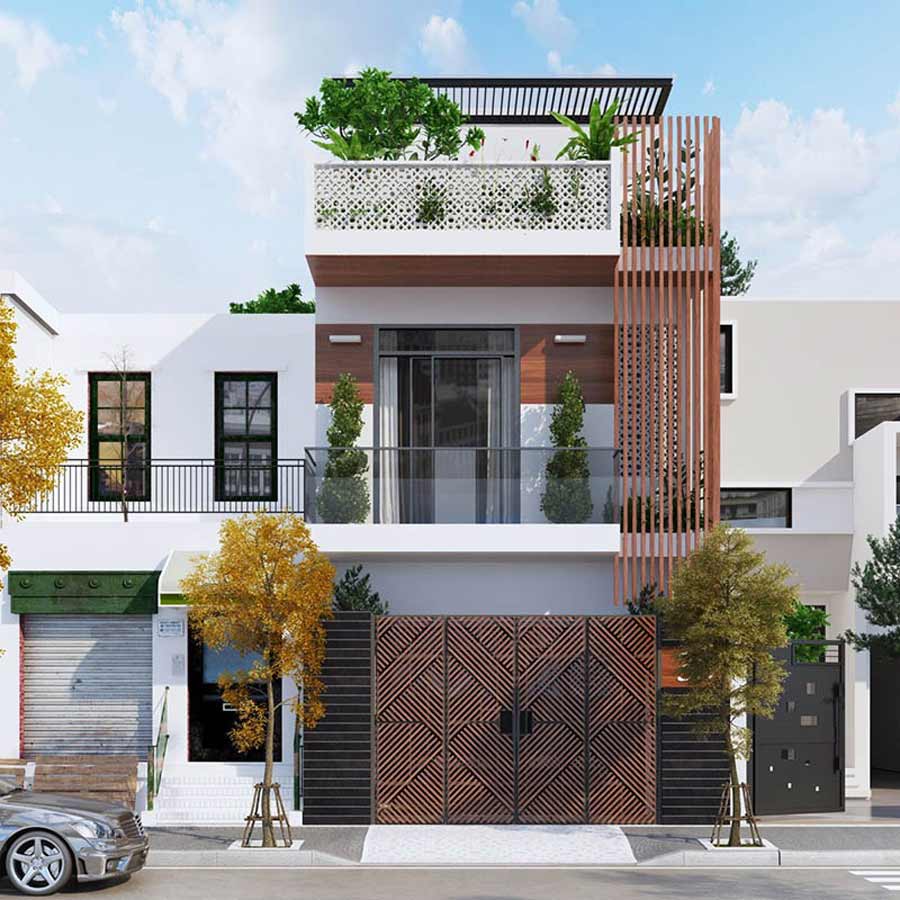 Nhà 3 tầng đẹp ở nông thôn có sân thượng