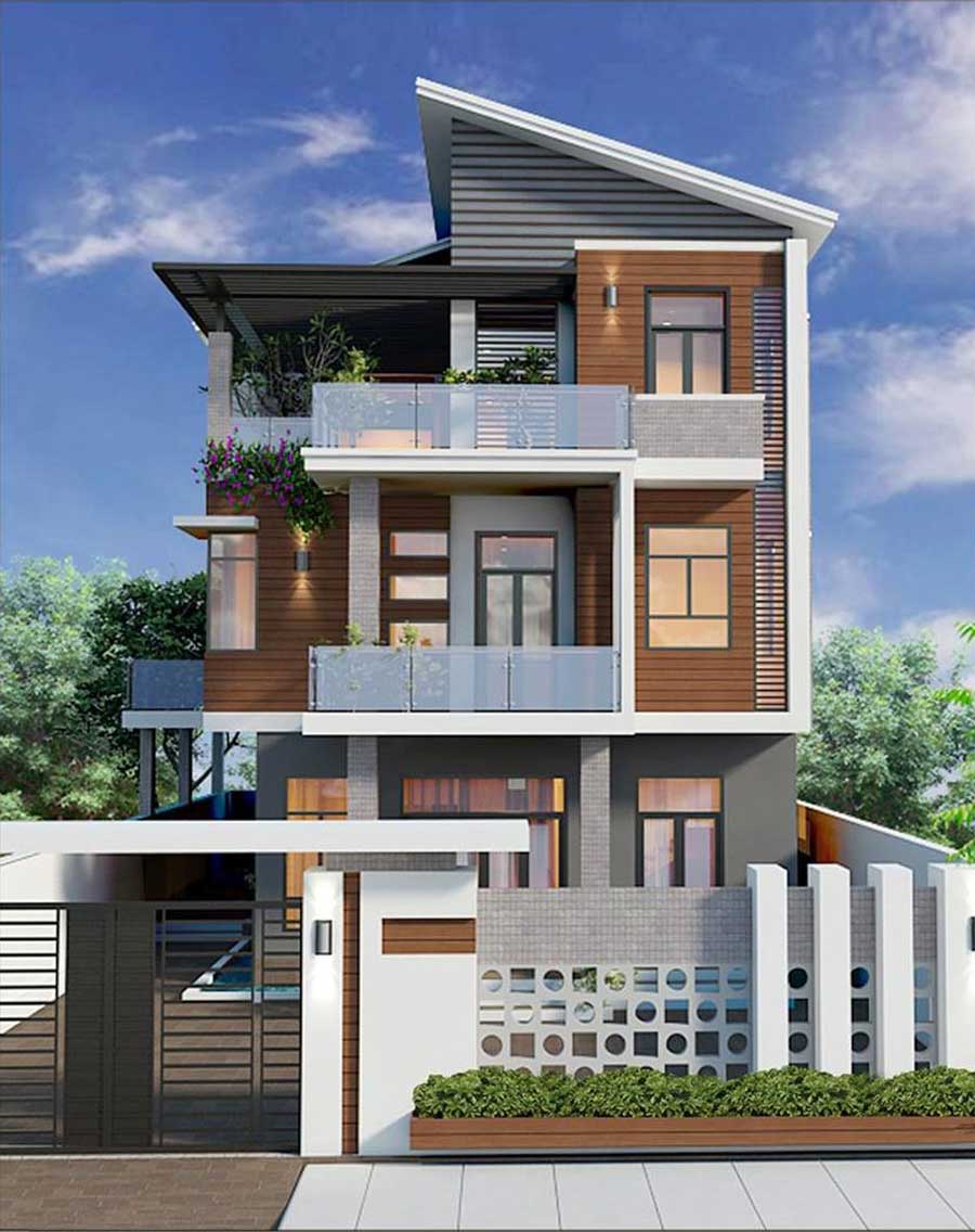 Mẫu nhà 3 tầng đẹp ở nông thôn mái lệch
