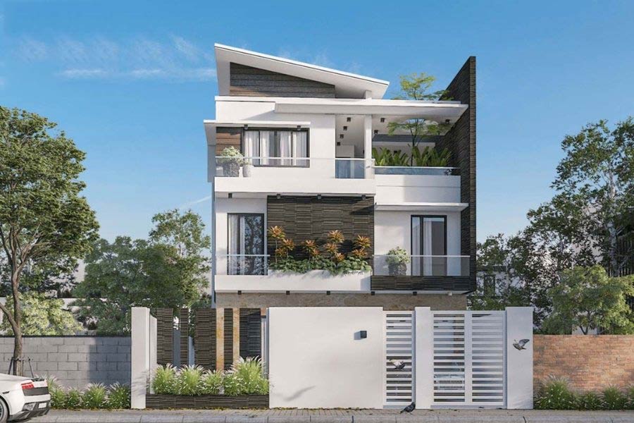 Mẫu nhà 3 tầng đẹp ở nông thôn mái lệch