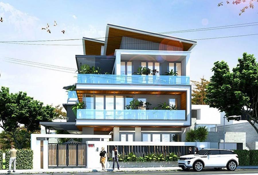 Mẫu nhà 3 tầng đẹp ở nông thôn mái lệch