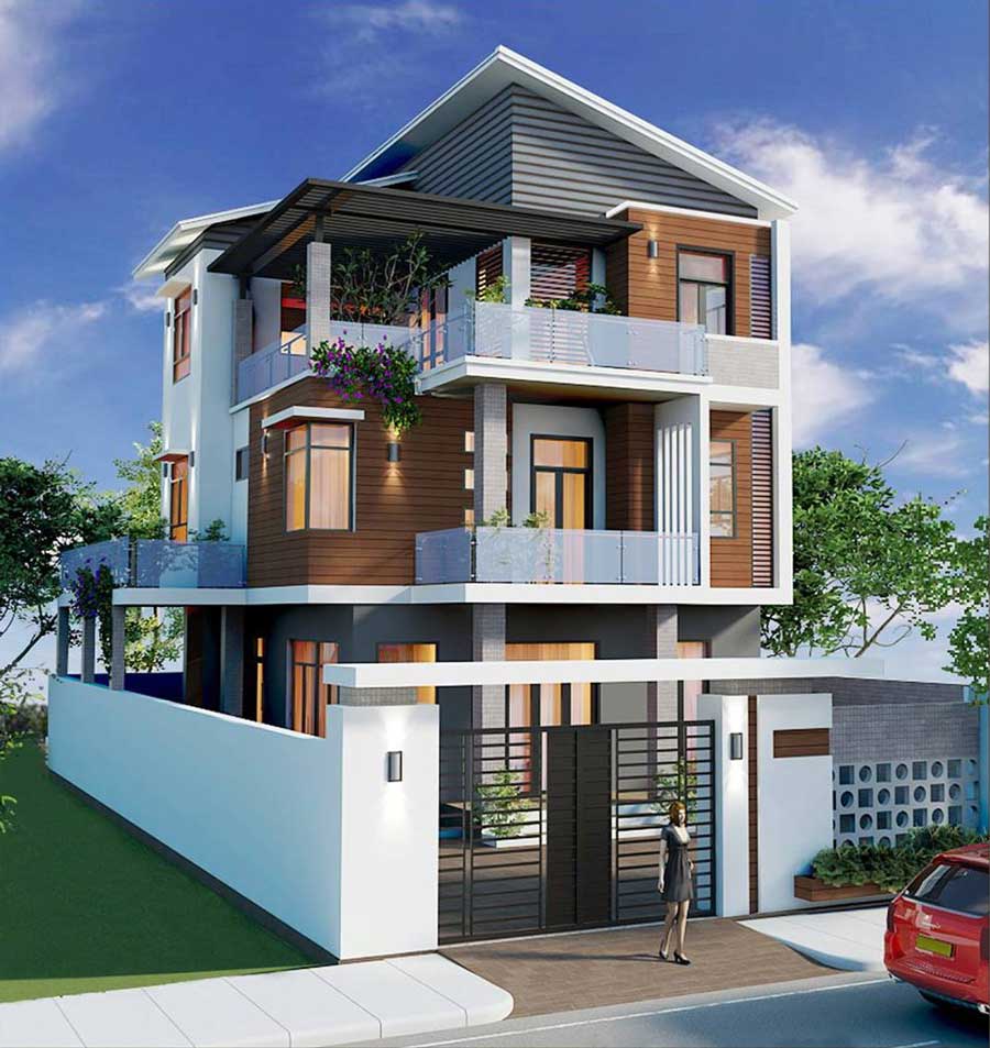 Mẫu nhà 3 tầng đẹp ở nông thôn mái lệch
