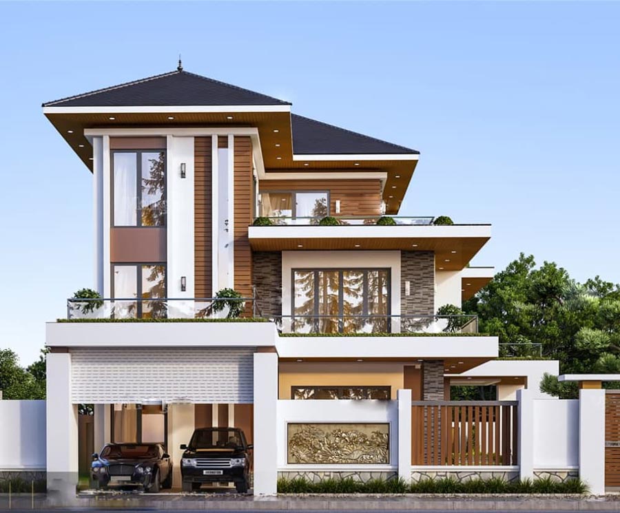 Mẫu nhà 3 tầng đẹp ở nông thôn mái Nhật
