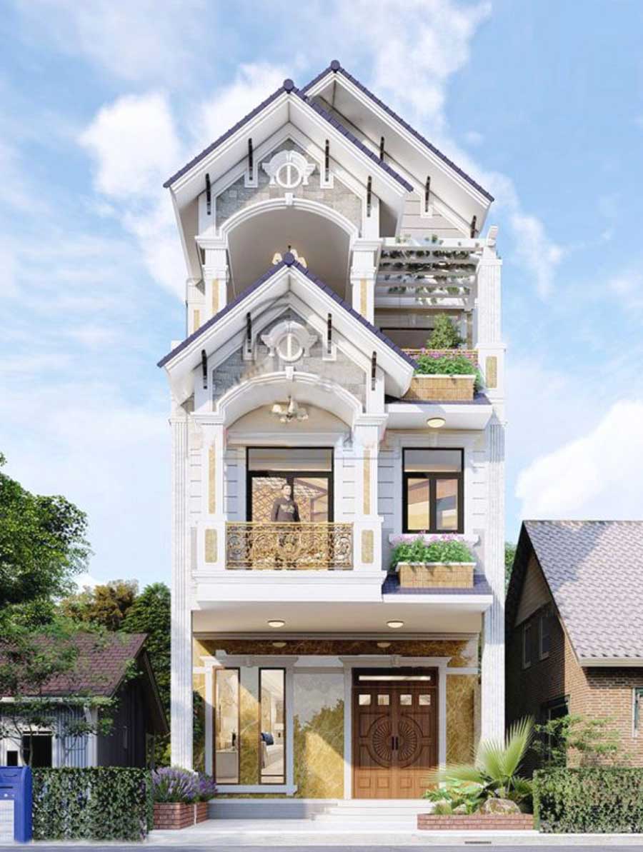 Thiết kế nhà 3 tầng đẹp ở nông thôn mái thái