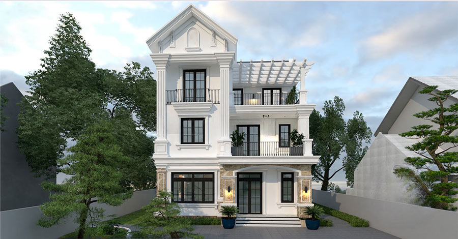 Thiết kế nhà 3 tầng đẹp ở nông thôn mái thái