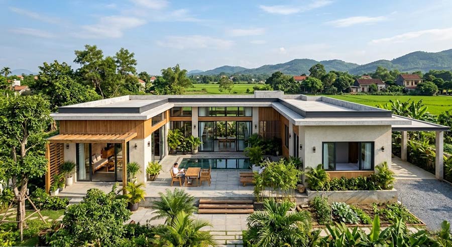 Mẫu nhà cấp 4 chữ U mái bằng