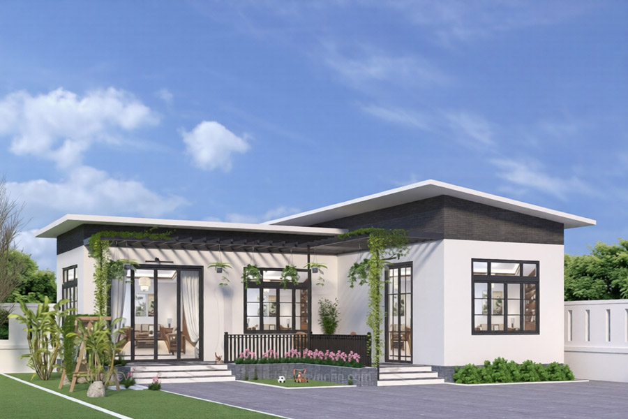 Nhà cấp 4 chữ L mái lệch 3 phòng ngủ