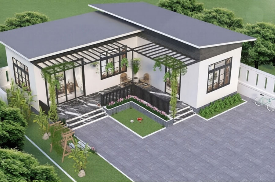 Nhà cấp 4 chữ L mái lệch 3 phòng ngủ