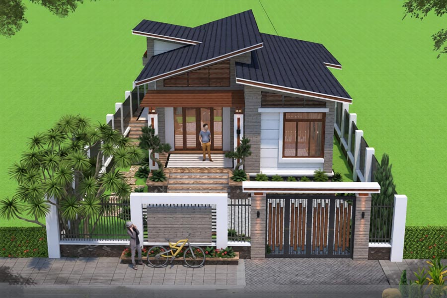 Nhà cấp 4 3 phòng ngủ mái lệch ở nông thôn