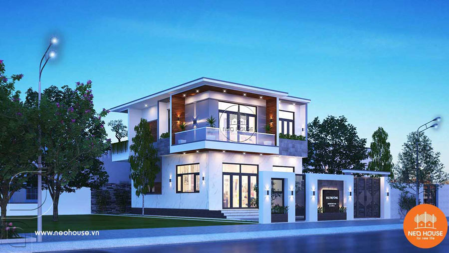 Mẫu nhà 2 tầng mặt tiền 8m mái bằng