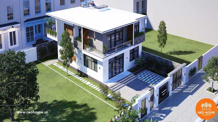 Mẫu nhà 2 tầng mặt tiền 8m mái bằng