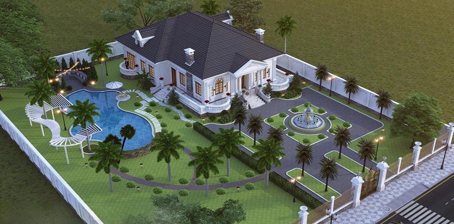 Thiết kế nhà biệt thự 1 tầng tân cổ điển có bể bơi