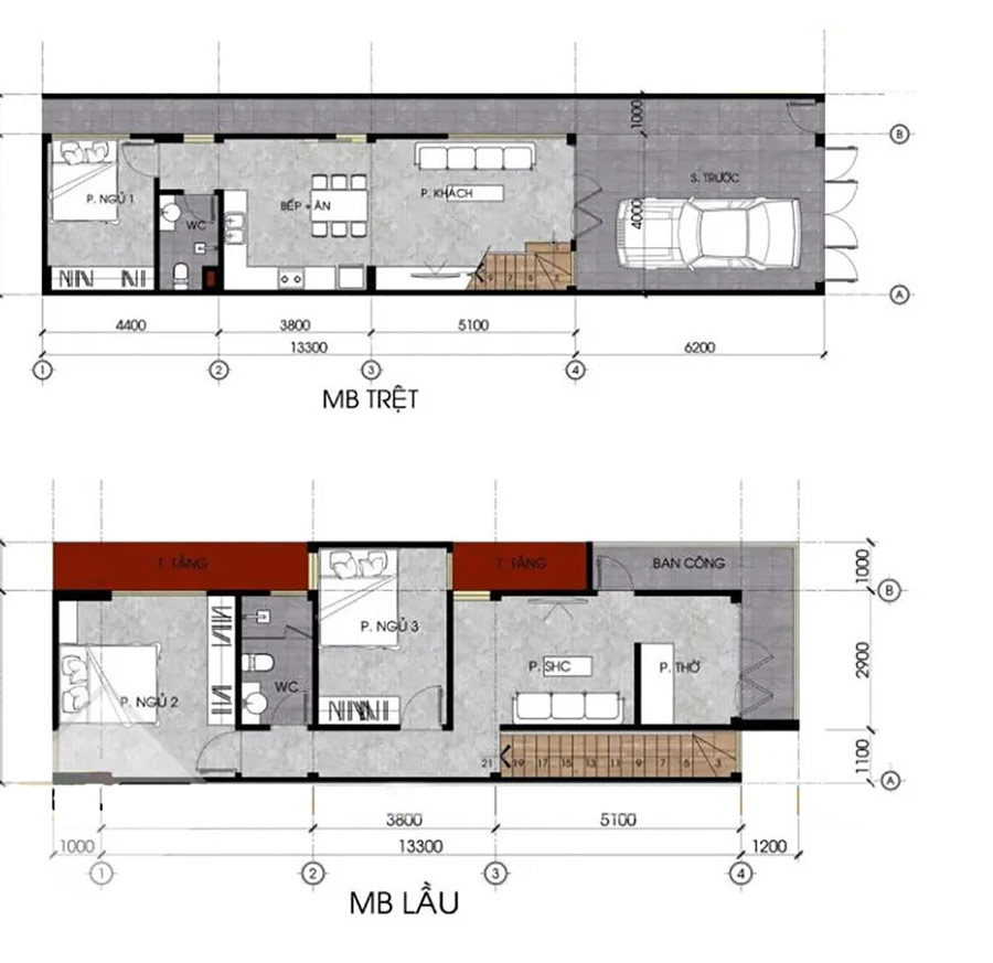 Bản thiết kế nhà 5x10m 2 tầng 3 phòng ngủ mái nhật