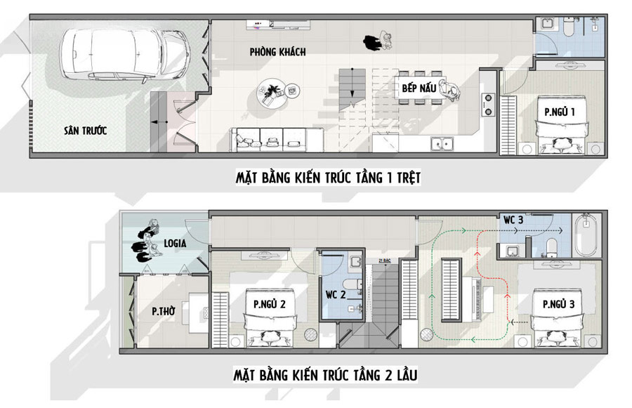 Bản thiết kế nhà 5x10m 2 tầng 3 phòng ngủ có gara