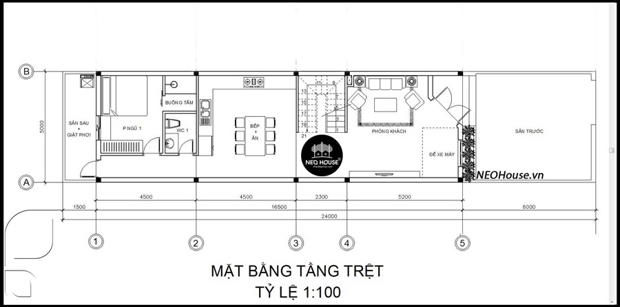 Bản thiết kế nhà 5x10m 2 tầng 3 phòng ngủ mái lệch