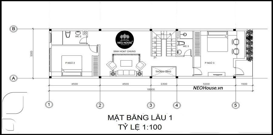 Bản thiết kế nhà 5x10m 2 tầng 3 phòng ngủ mái lệch