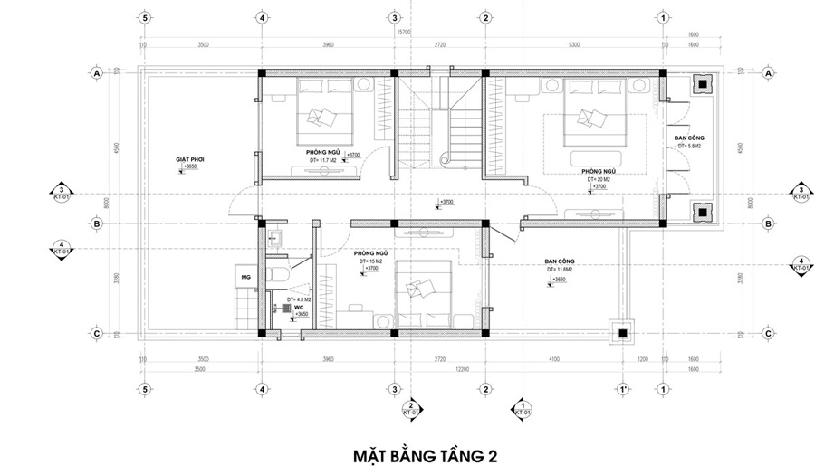 Mẫu thiết kế nhà mặt tiền 8m sâu 12m có 4 phòng ngủ