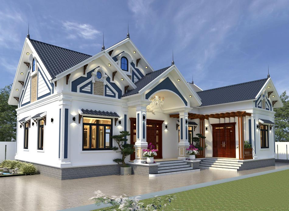 Thiết kế biệt thự sân vườn 1 tầng chữ L
