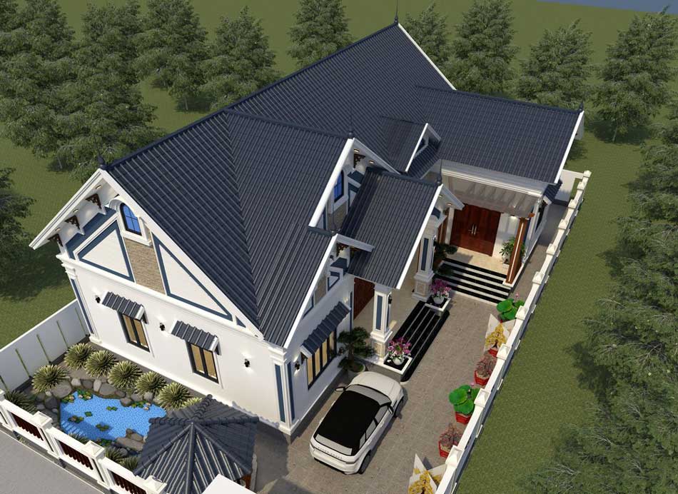 Thiết kế biệt thự sân vườn 1 tầng chữ L