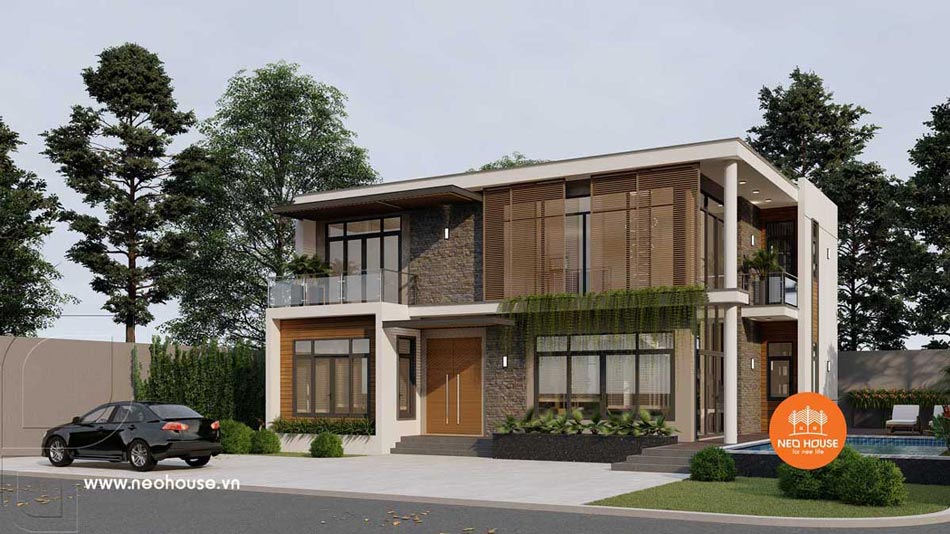 Mẫu biệt thự sân vườn 2 tầng có hồ bơi