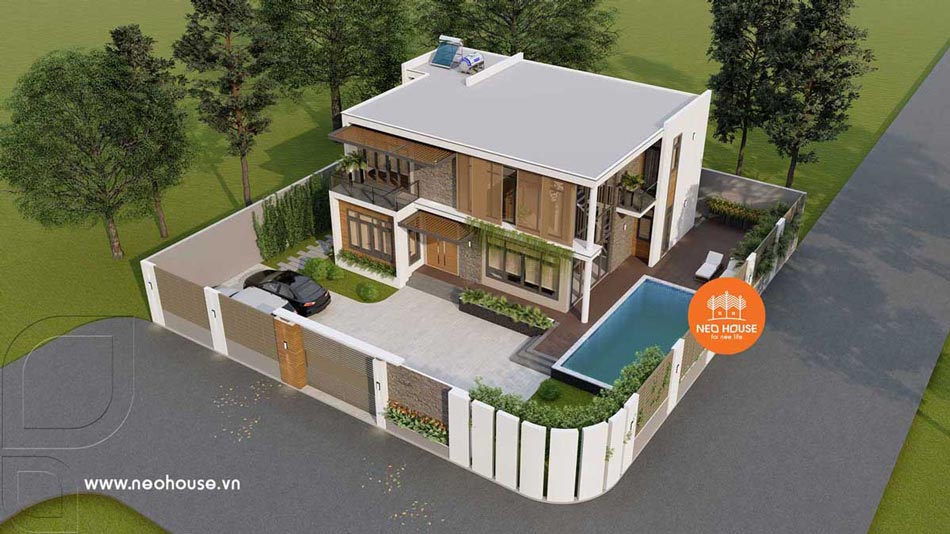 Mẫu biệt thự sân vườn 2 tầng có hồ bơi