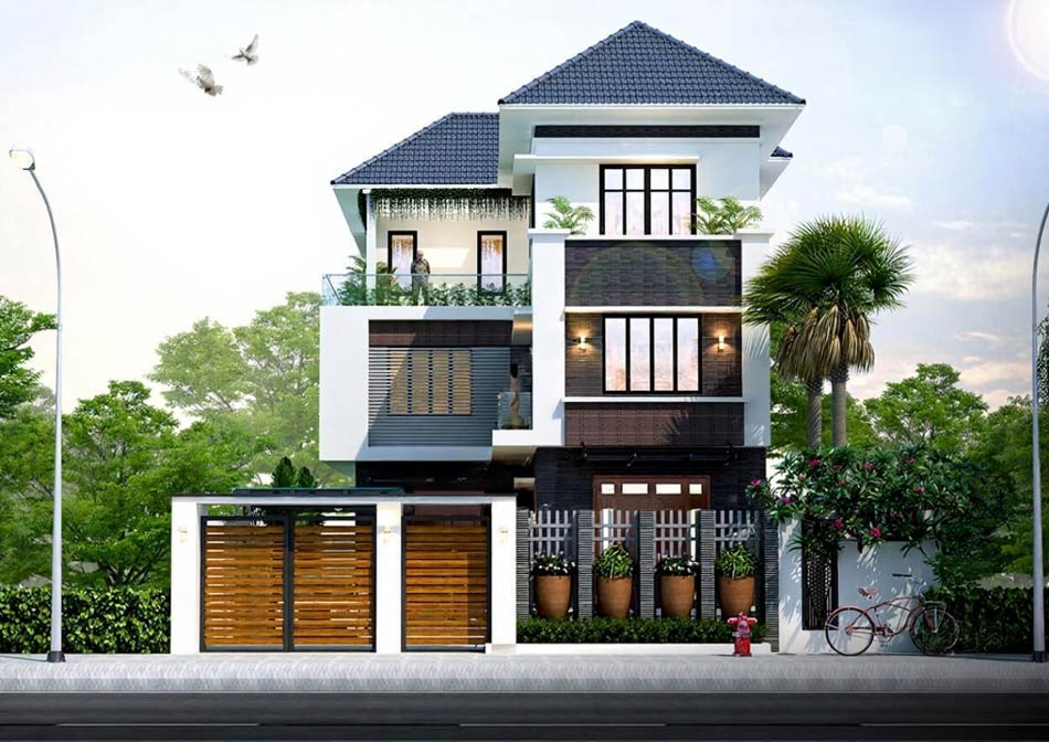 Thiết kế nhà biệt thự sân vườn 3 tầng chữ L
