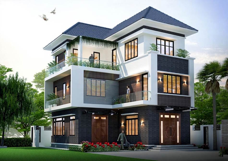 Thiết kế nhà biệt thự sân vườn 3 tầng chữ L