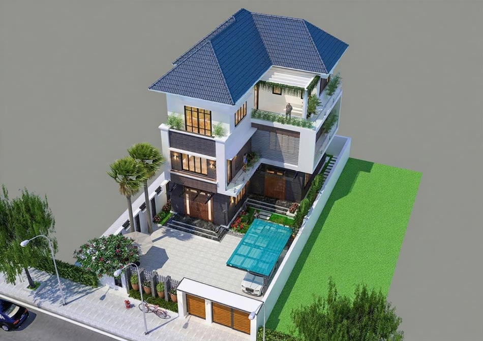 Thiết kế nhà biệt thự sân vườn 3 tầng chữ L