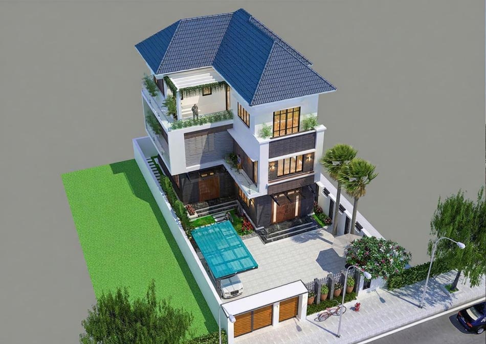 Thiết kế nhà biệt thự sân vườn 3 tầng chữ L