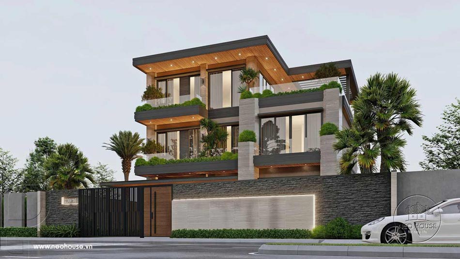 Mẫu biệt thự nhà vườn 3 tầng có gara