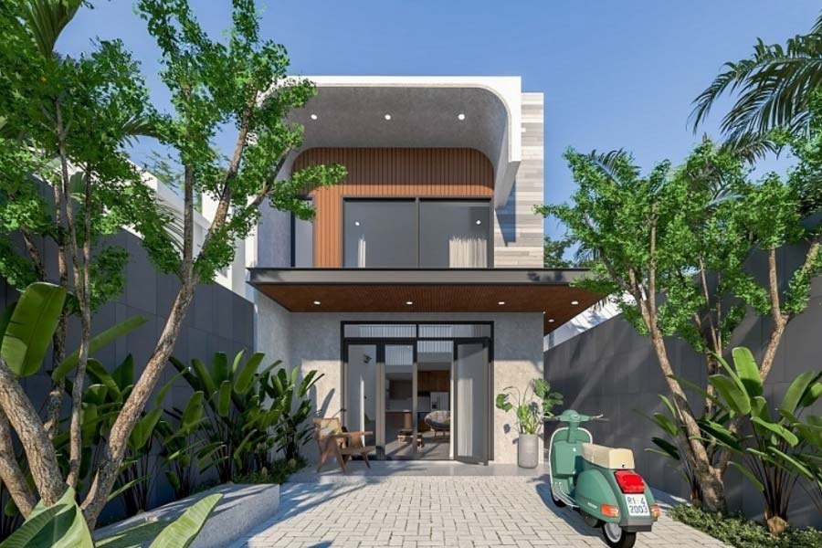 Mẫu nhà 2 tầng 4 phòng ngủ 8x12 có gác lửng
