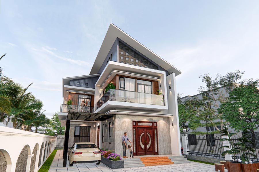 Mẫu nhà 2 tầng 4 phòng ngủ 8x12 đơn giản mái lệch