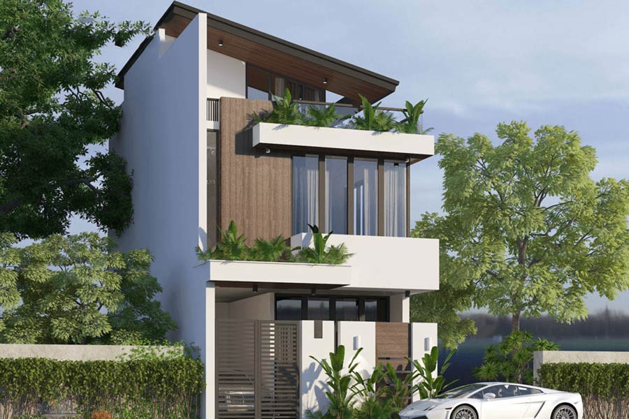 Mẫu nhà 2 tầng 4 phòng ngủ 8x12 đơn giản mái lệch