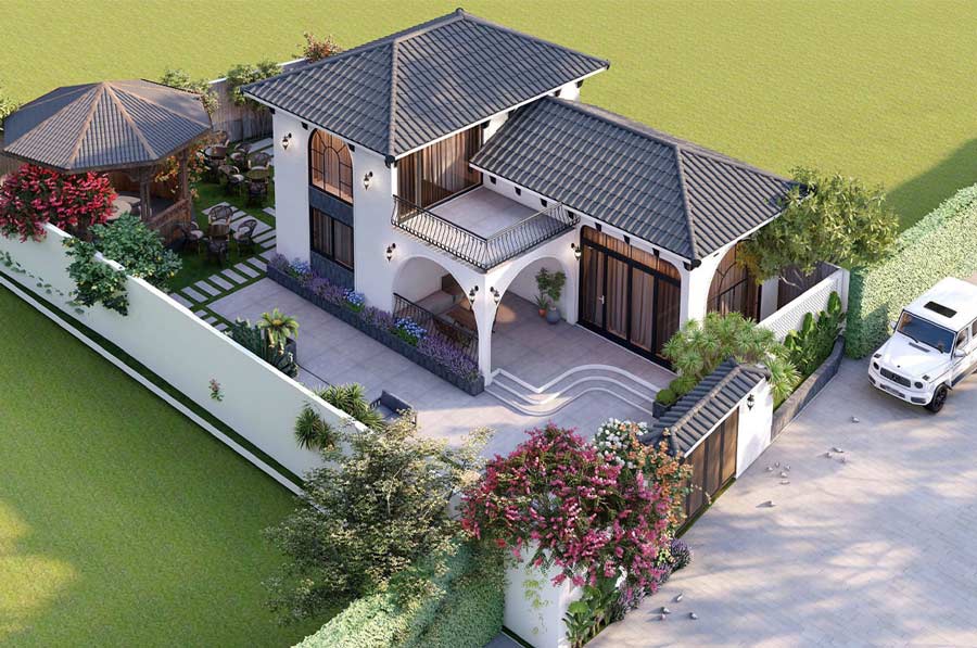 Thiết kế nhà 2 tầng 4 phòng ngủ 8x12 mái ngói 